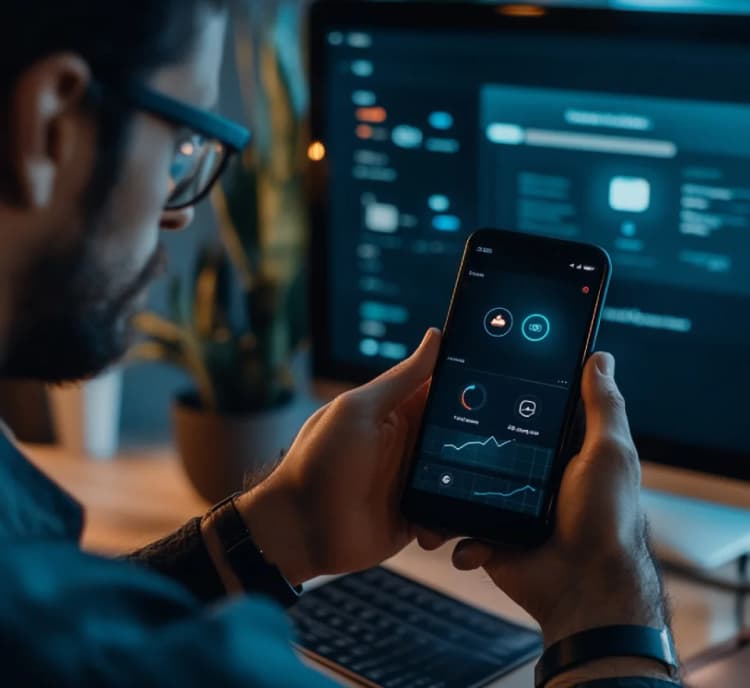 Flutter app developer holding a phone showing cross-platform iOS and Android app dashboard built with PerfectionGeeks