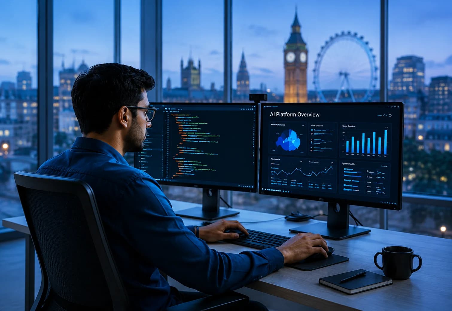 Engineer working on an AI product platform, with London's Big Ben visible through the window