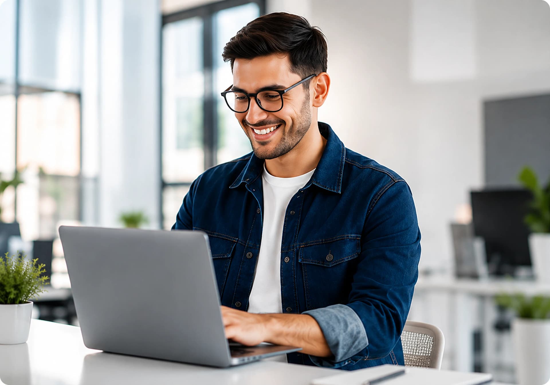 Software engineer smiling while working on a laptop