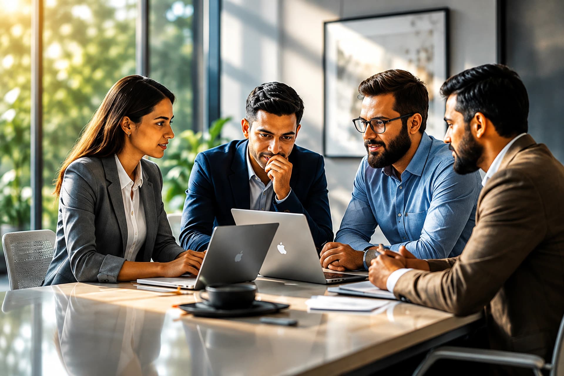 Team of professionals collaborating around a laptop in a meeting