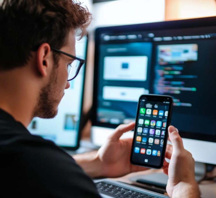 Swift developer holding an iPhone showing native iOS app dashboard