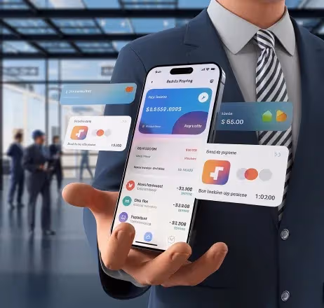 Developer holding a phone showing analytics dashboard
